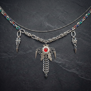 Handcrafted chromatic Y2K chainmaille necklace with intricate butterfly framework and glass eye.