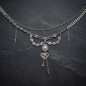 Handcrafted Silver-tone Cyberpunk Necklace - Layered Chain with Mechanical Heart Eye and Spike.