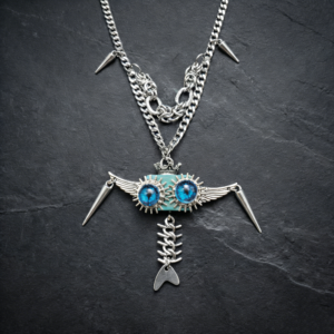 Handcrafted Silver-tone Cyberpunk Necklace - Mechanical Flying Fish Pendant with Stabilized Wood.
